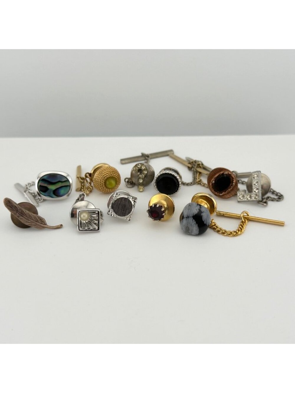 Vintage Assorted Tie Tack Lapel Pin Lot Rhinestone Stone Metal Chain Back
